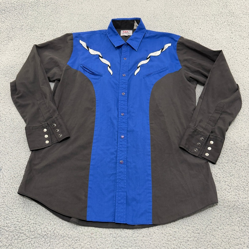 Ely Diamond Pearl Snap Shirt Mens Large L Western Blue Grey Embroidered